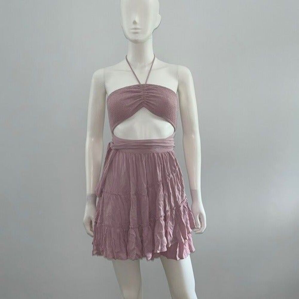 Olivaceous rayon lavender dress tube top halter attached‎ to wrap skirt